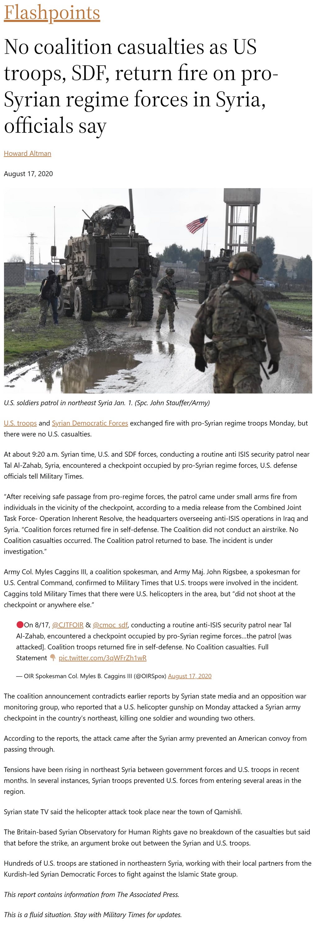 No coalition casualties as US troops, SDF, return fire on pro-Syrian regime forces in Syria, officials say by Howard Altman, Military Times 8/17/2020