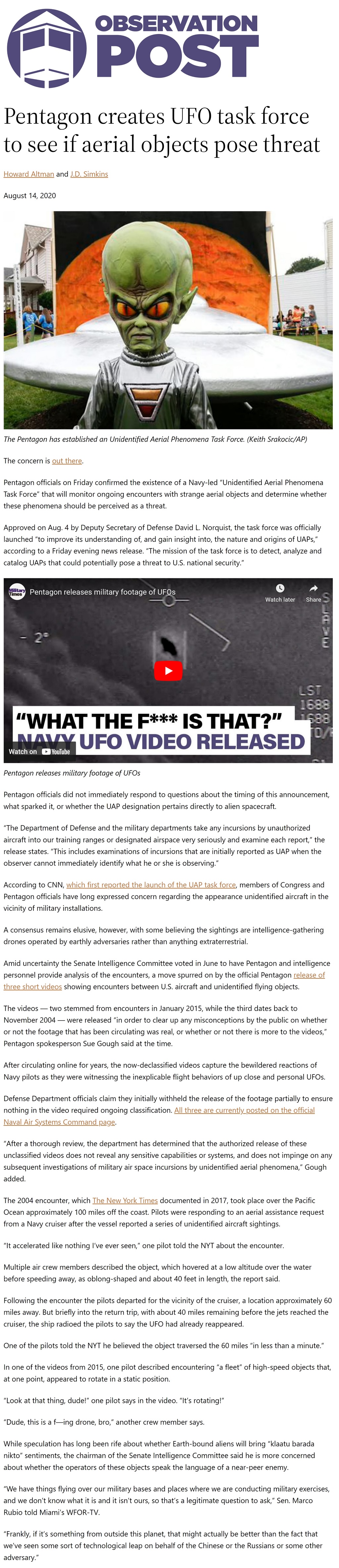 Pentagon creates UFO task force to see if aerial objects pose threat by Howard Altman and J.D. Simkins, Military Times, 8/17/2020