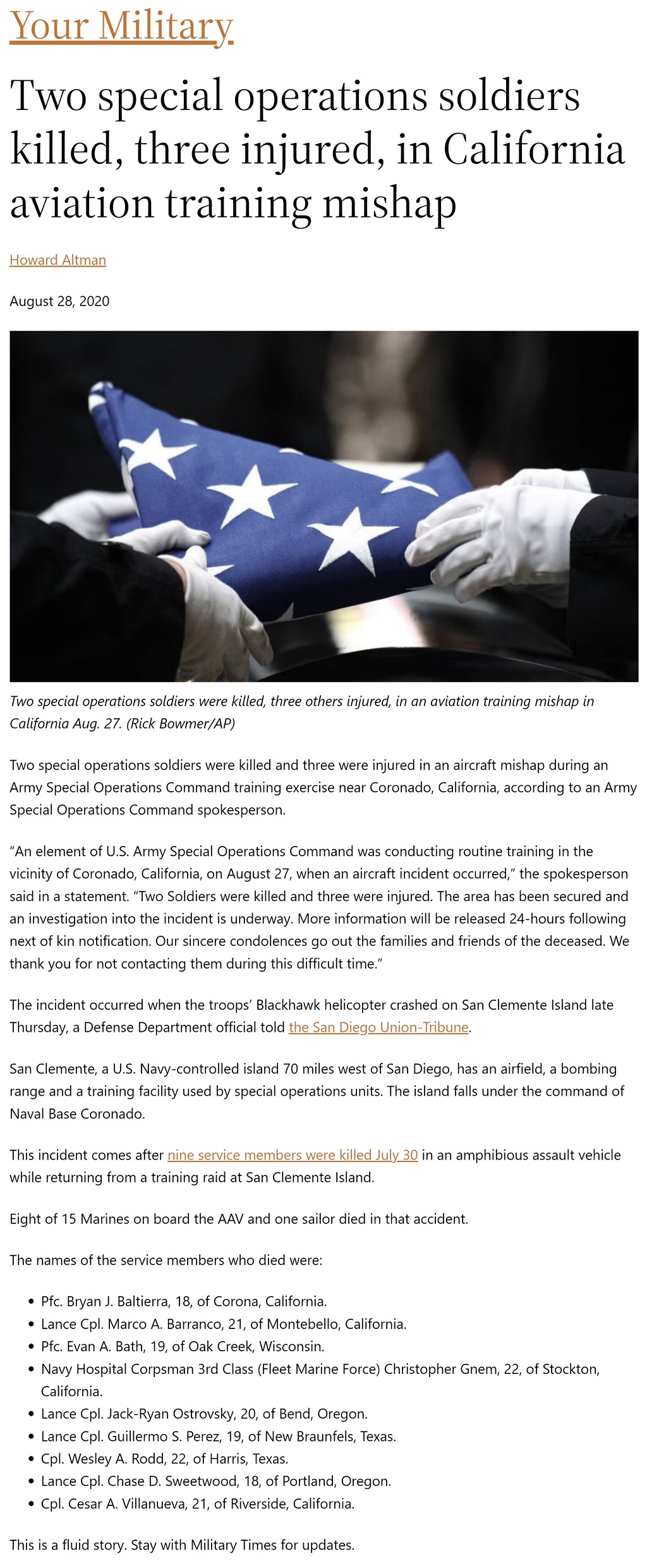 Article Two special operations soldiers killed, three injured, in California aviation training mishap Two special operations soldiers killed, three injured, in California aviation training mishap by Howard Altman, Military Times 8/28/2020