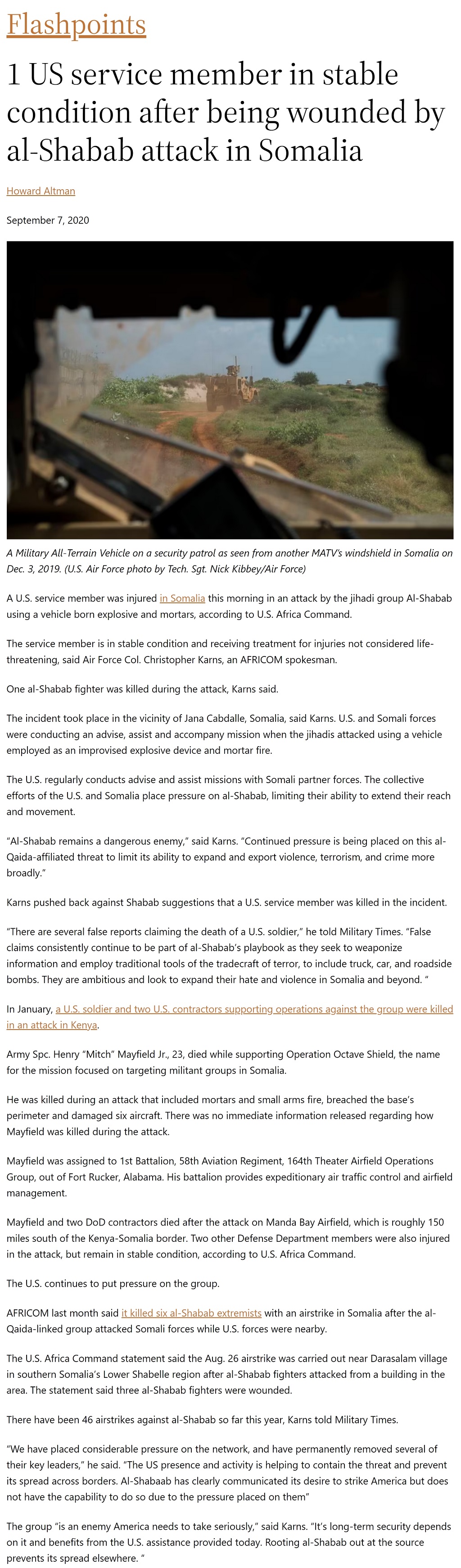 Article 1 US service member in stable condition after being wounded by al-Shabab attack in Somalia 1 US service member in stable condition after being wounded by al-Shabab attack in Somalia by Howard Altman, Military Times 9/7/2020