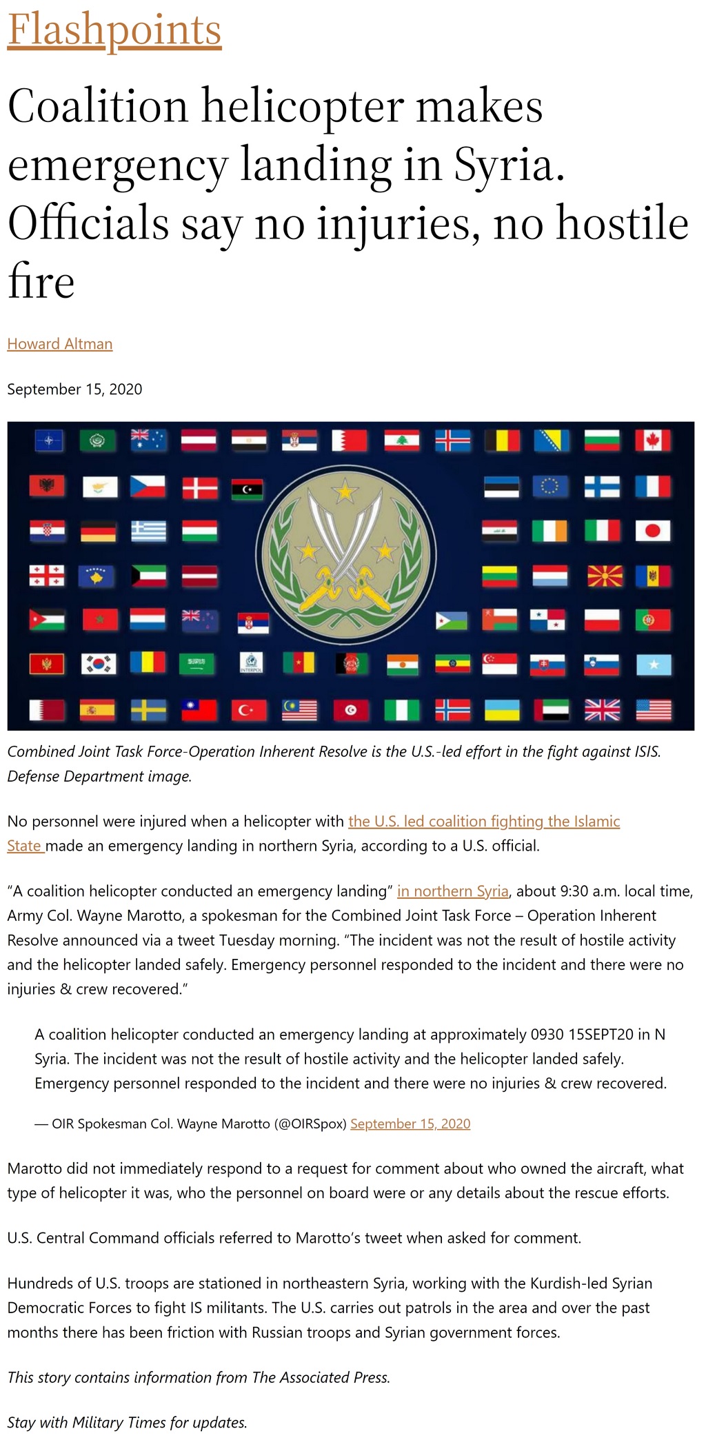 Article Coalition helicopter makes emergency landing in Syria. Officials say no injuries, no hostile fire by Howard Altman, Military Times 9/15/2020