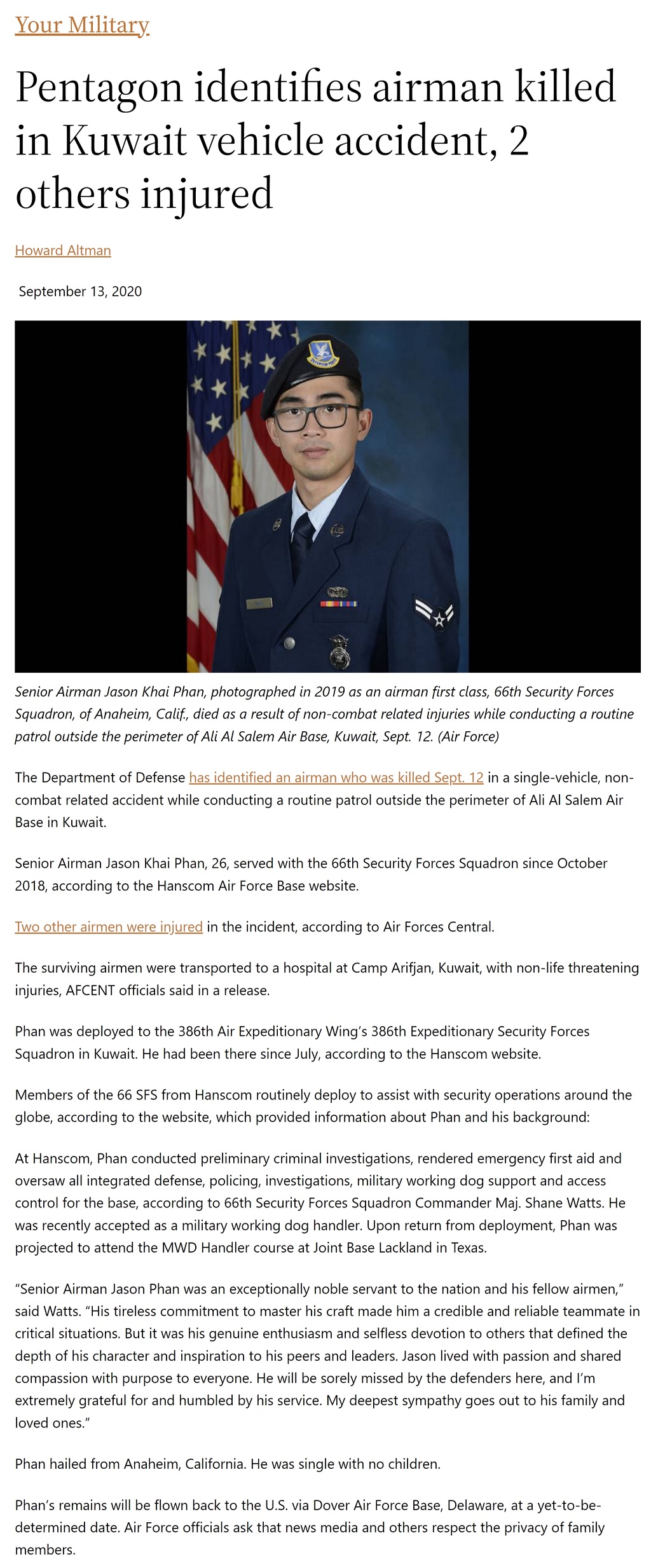 Pentagon identifies airman killed in Kuwait vehicle accident, 2 others injured by Howard Altman, Military Times 9/13/2020