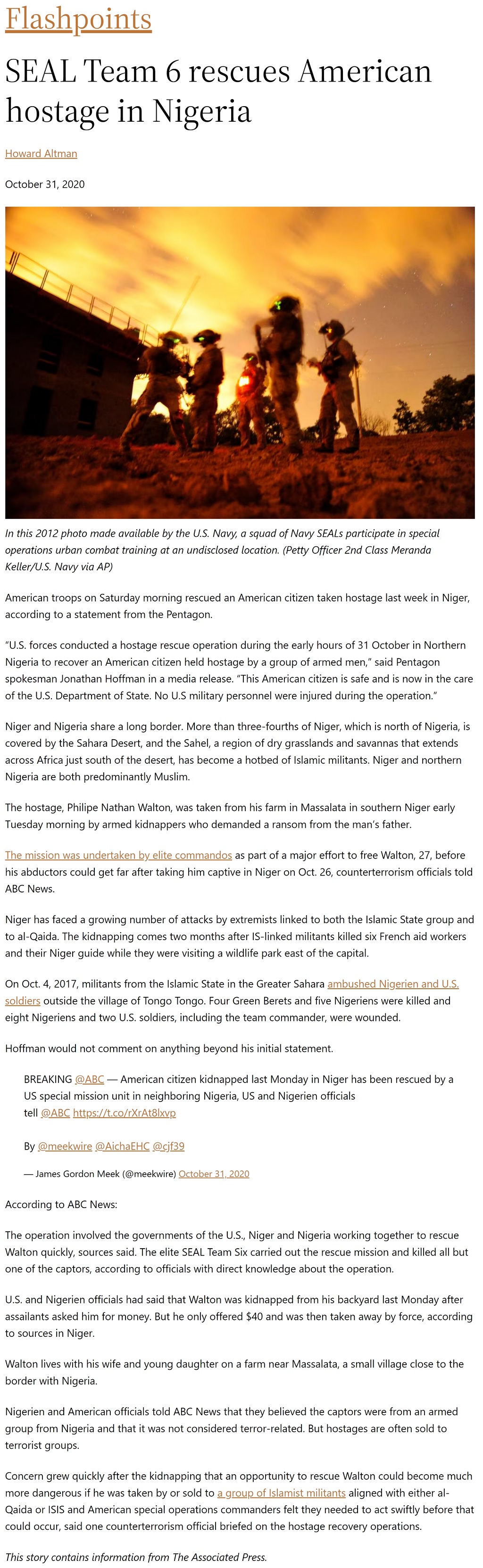 Article SEAL Team 6 rescues American hostage in Nigeria SEAL Team 6 rescues American hostage in Nigeria by Howard Altman, Military Times, 10/31/2020