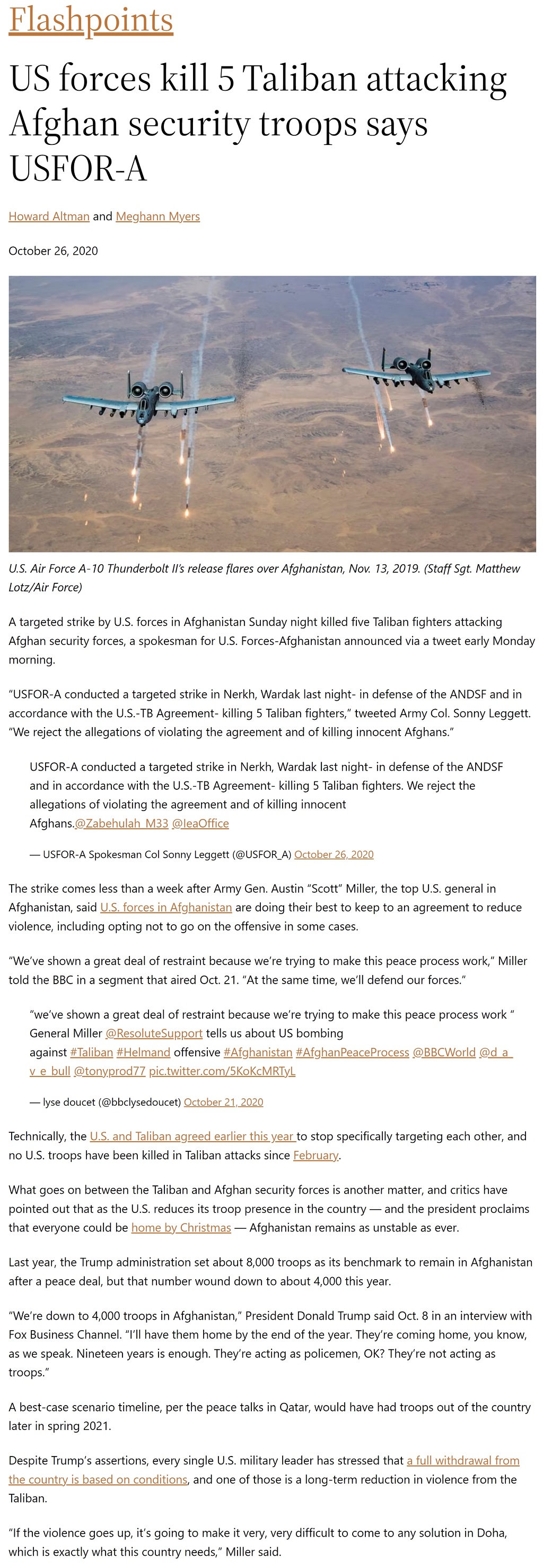 US forces kill 5 Taliban attacking Afghan security troops says USFOR-A by Howard Altman and Meghann Myers, Military Times 10/26/2020