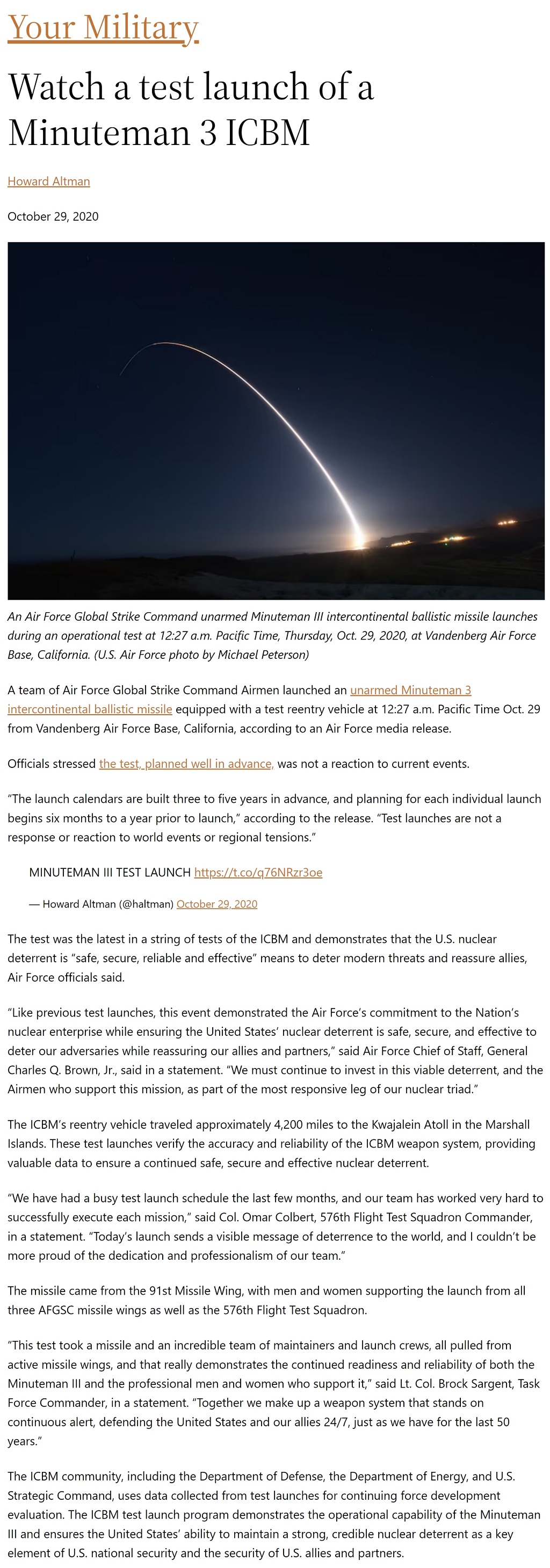 Watch a test launch of a Minuteman 3 ICBM by Howard Altman, Military Times 10/29/2020