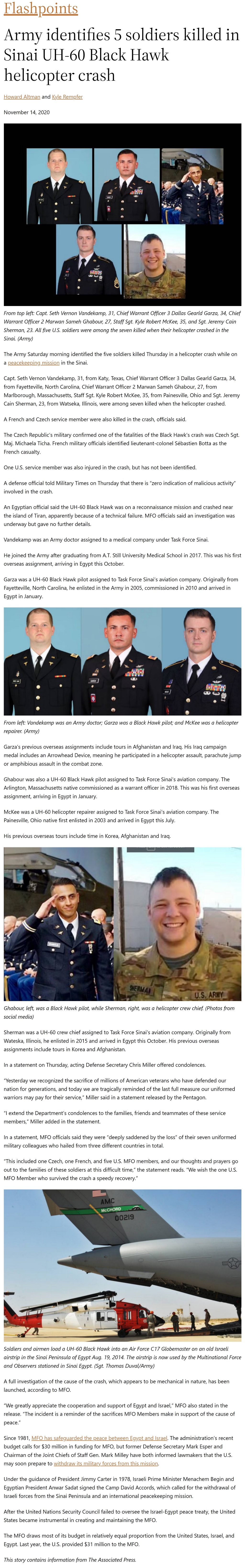 Army identifies 5 soldiers killed in Sinai UH-60 Black Hawk helicopter crash by Howard Altman and Kyle Rempfer, Military Times 11/14/2020