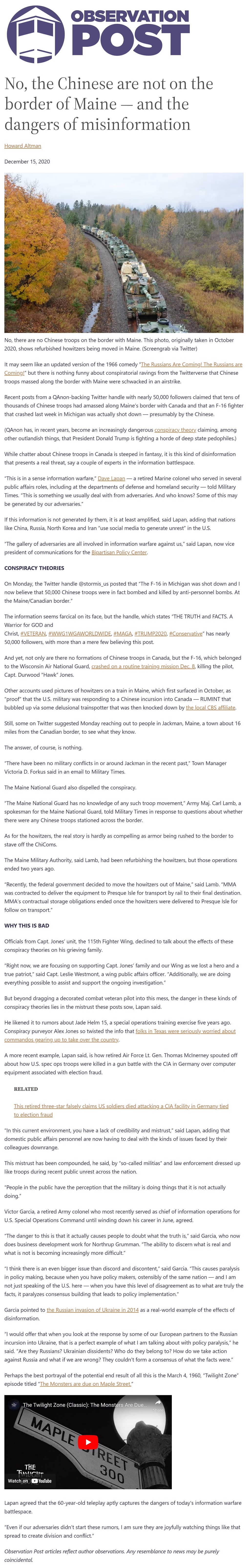 No the Chinese are not on the border of Maine and the dangers of misinformation by Howard Altman, Military Times 12/15/2020