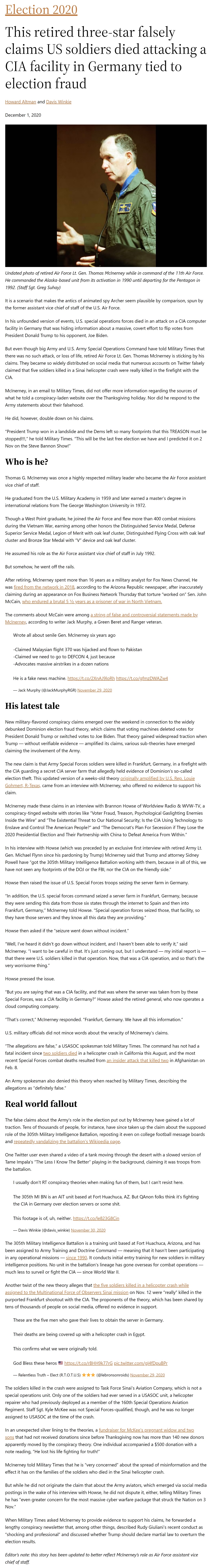 This retired three-star falsely claims US soldiers died attacking a CIA facility in Germany tied to election fraud by Howard Altman and Davis Winkie, Military Times 12/1/2020