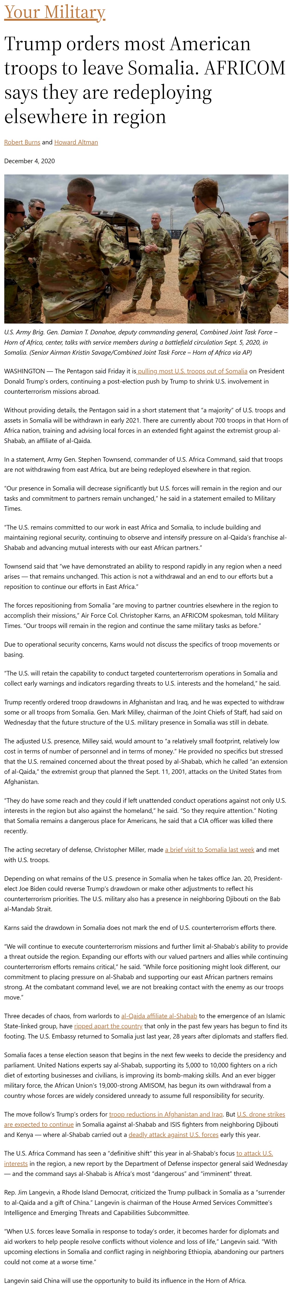 Trump orders most American troops to leave Somalia. AFRICOM says they are redeploying elsewhere in region by Robert Burns (AP) and Howard Altman, Military Times 12/4/2020