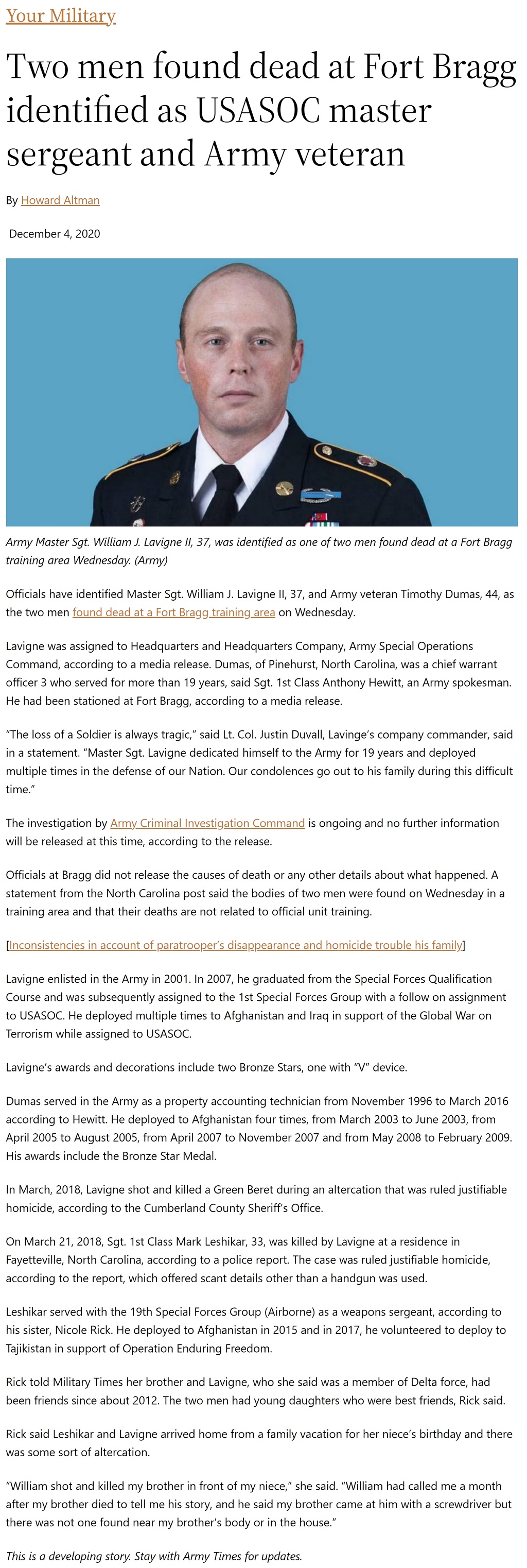 Two men found dead at Fort Bragg identified as USASOC master sergeant and Army veteran by Howard Altman, Military Times 12/4/2020