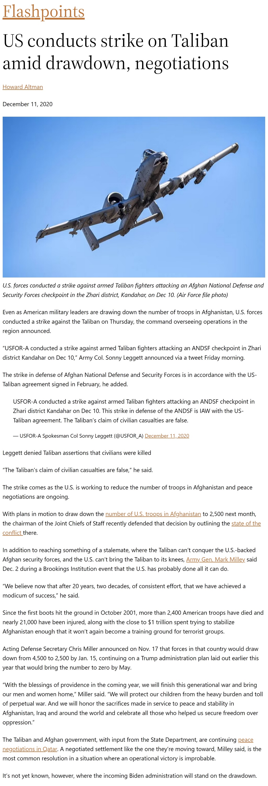 Article US conducts strike on Taliban amid drawdown, negotiations US conducts strike on Taliban amid drawdown, negotiations by Howard Altman, Military Times 12/11/2020