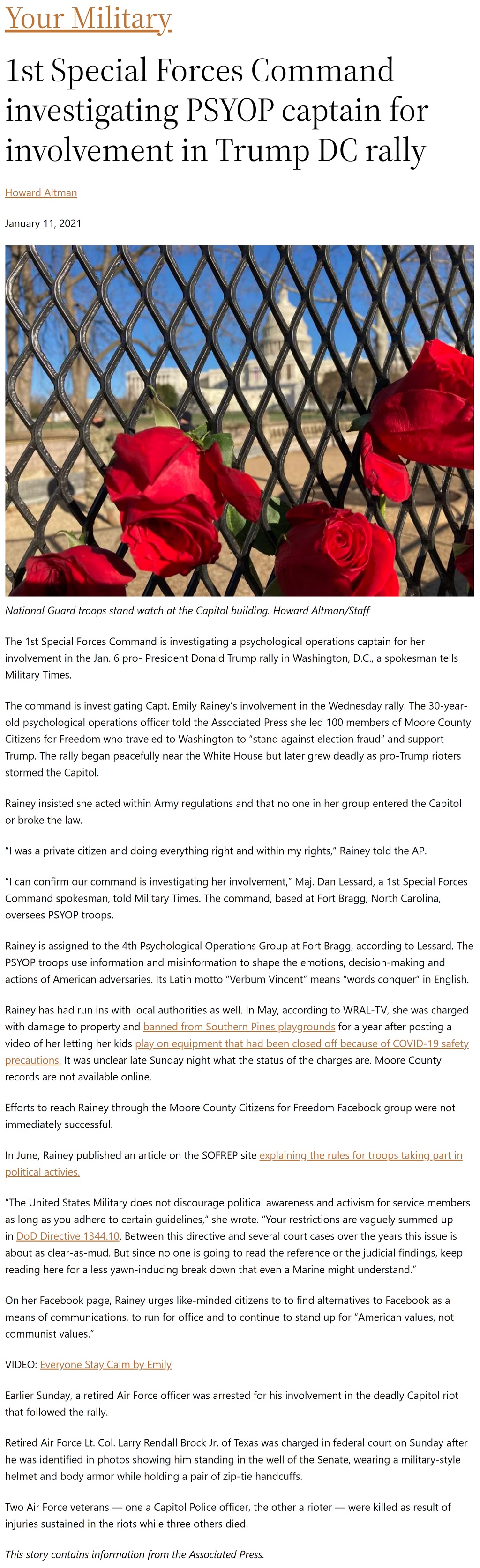 Article 1st Special Forces Command investigating PSYOP captain for involvement in Trump DC rally 1st Special Forces Command investigating PSYOP captain for involvement in Trump DC rally by Howard Altman, Military Times 1/11/2021