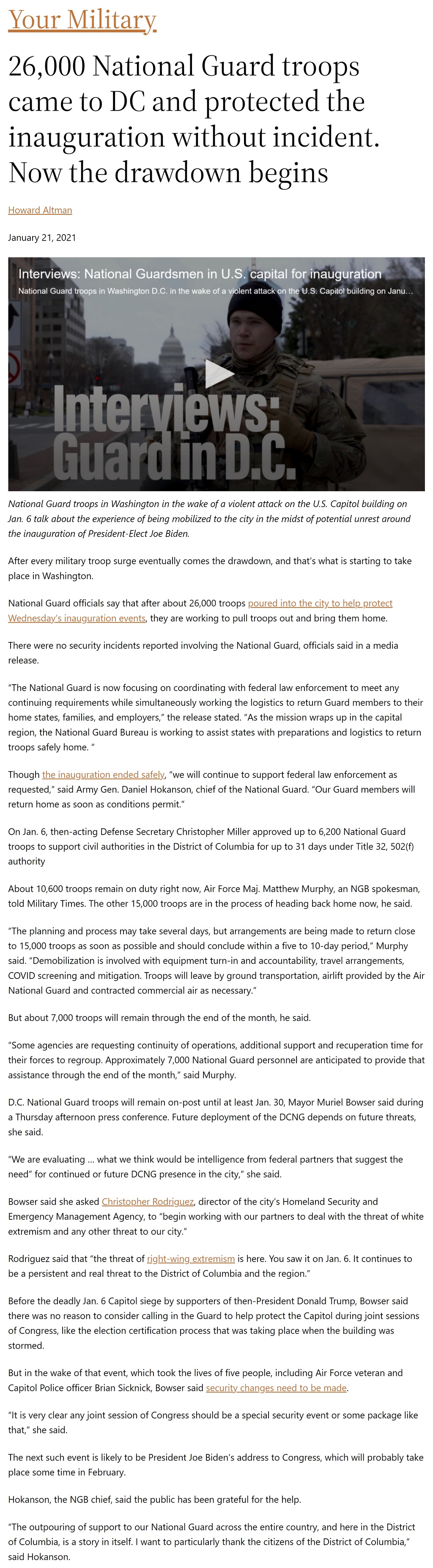 Article 26,000 National Guard troops came to DC and protected the inauguration without incident. Now the drawdown begins 26,000 National Guard troops came to DC and protected the inauguration without incident. Now the drawdown begins by Howard Altman, Military Times 1/21/2021