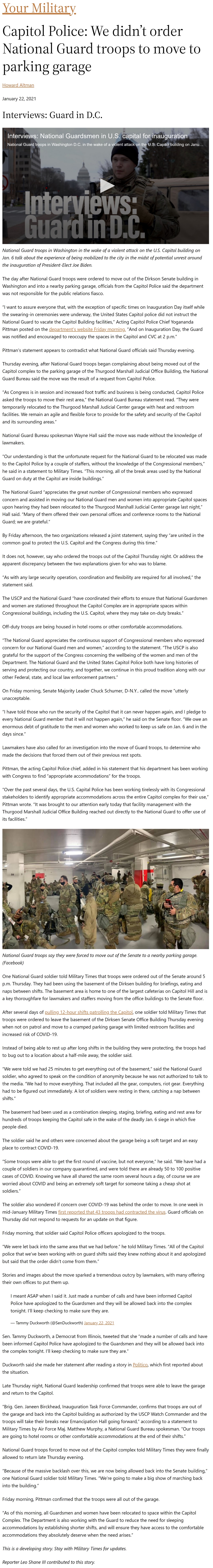 Article Capitol Police: We didn’t order National Guard troops to move to parking garage Capitol Police: We didn’t order National Guard troops to move to parking garage by Howard Altman, Military Times, 1/22/2021