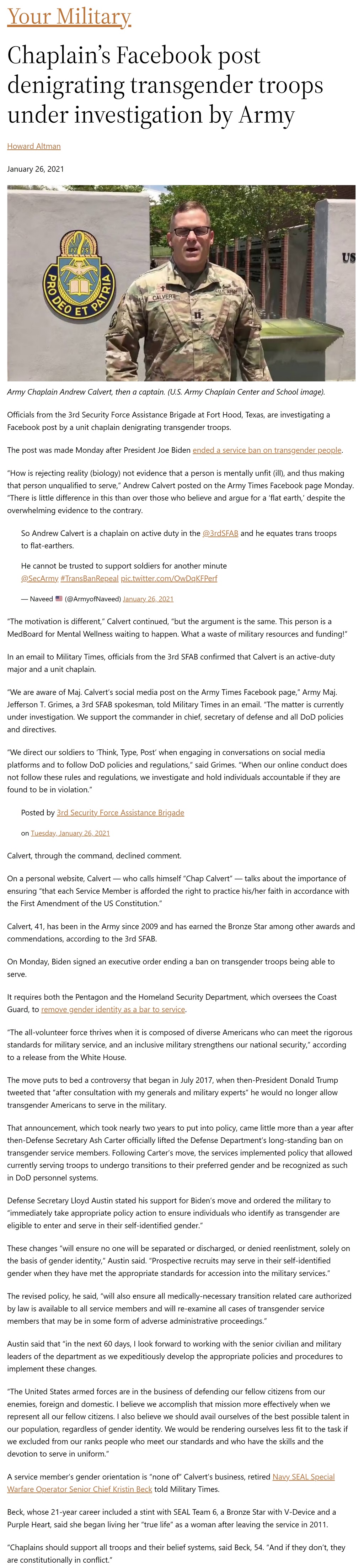 Chaplain’s Facebook post denigrating transgender troops under investigation by Army by Howard Altman, Military Times 1/26/2021
