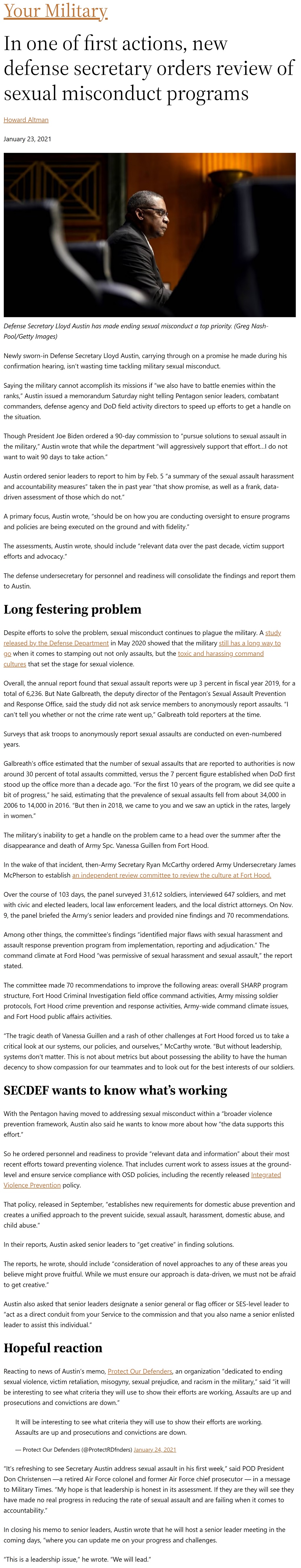 In one of first actions, new defense secretary orders review of sexual misconduct programs by Howard Altman, Military Times 1/23/2021