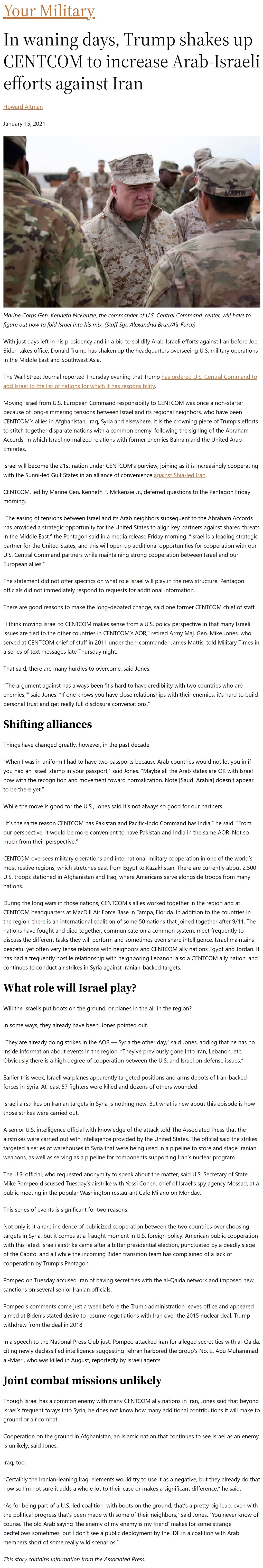 In waning days, Trump shakes up CENTCOM to increase Arab-Israeli efforts against Iran by Howard Altman, Military Times 1/15/2021