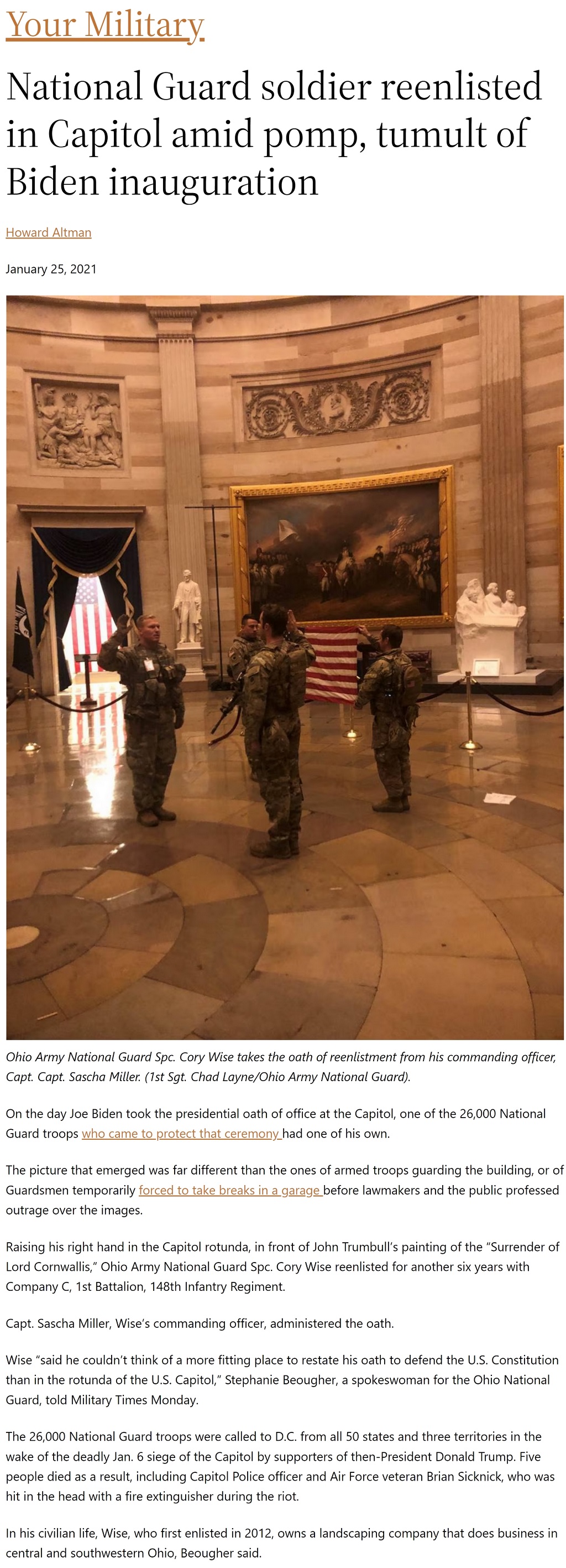 Article National Guard soldier reenlisted in Capitol amid pomp, tumult of Biden inauguration National Guard soldier reenlisted in Capitol amid pomp, tumult of Biden inauguration by Howard Altman, Military Times 1/25/2021