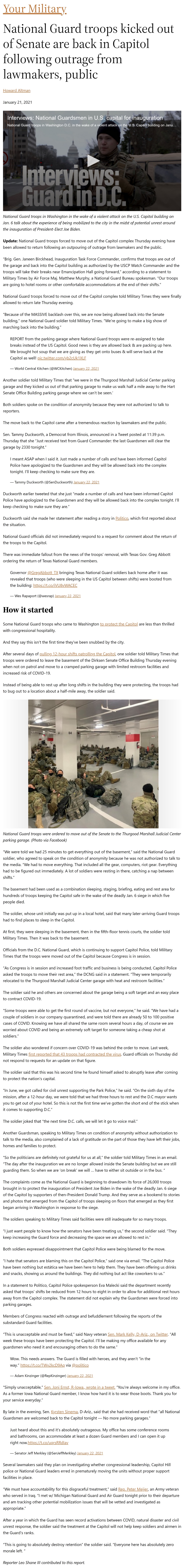Article National Guard troops kicked out of Senate are back in Capitol following outrage from lawmakers, public National Guard troops kicked out of Senate are back in Capitol following outrage from lawmakers, public by Howard Altman, Military Times 1/21/2021
