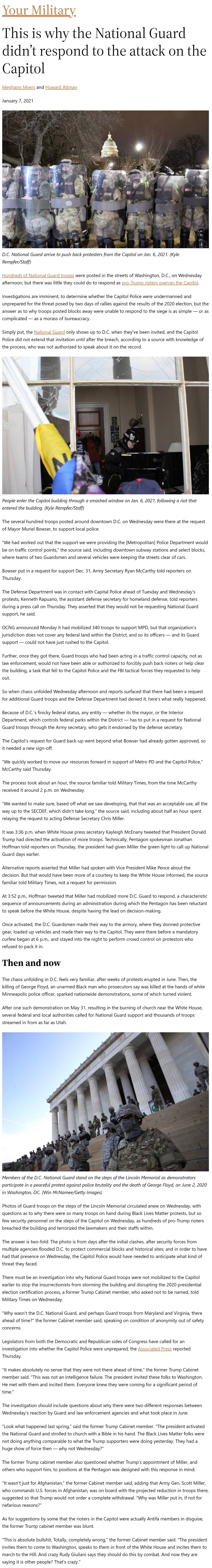 Article This is why the National Guard didn’t respond to the attack on the Capitol This is why the National Guard didn’t respond to the attack on the Capitol by Meghann Myers and Howard Altman, Military Times 1/7/2021