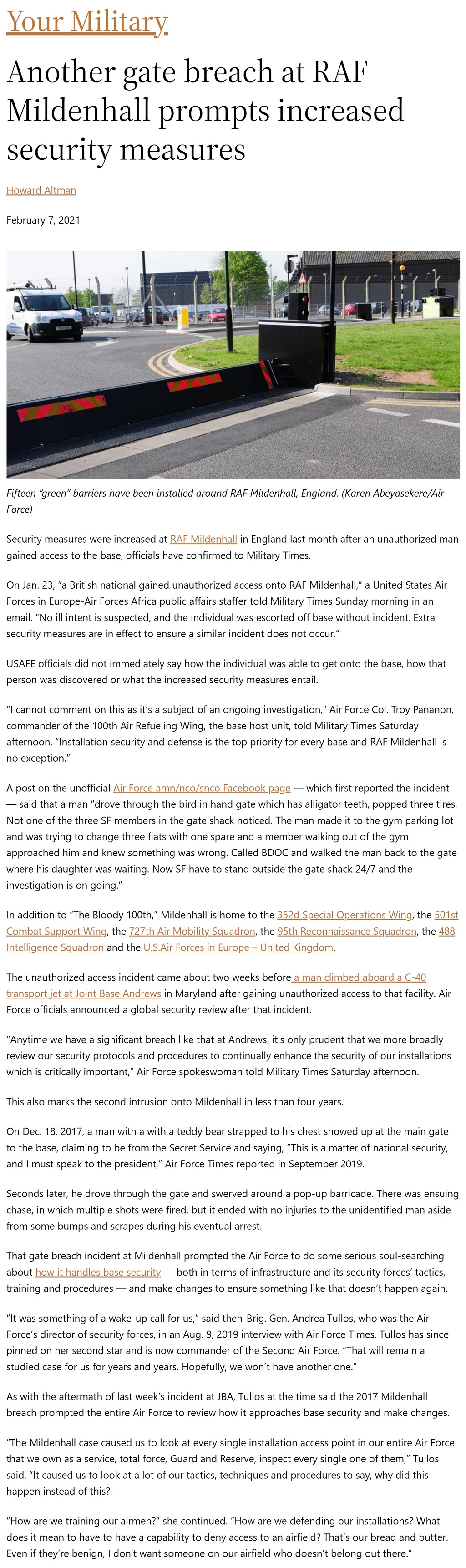 Article Another gate breach at RAF Mildenhall prompts increased security measures Another gate breach at RAF Mildenhall prompts increased security measures by Howard Altman, Military Times 2/7/2021