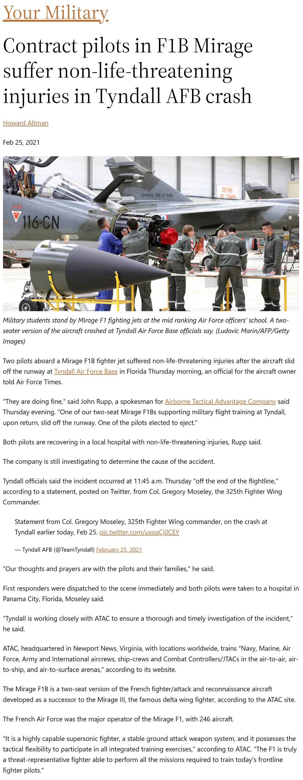 Contract pilots in F1B Mirage suffer non-life-threatening injuries in Tyndall AFB crash by Howard Altman, Military Times 2/25/2021