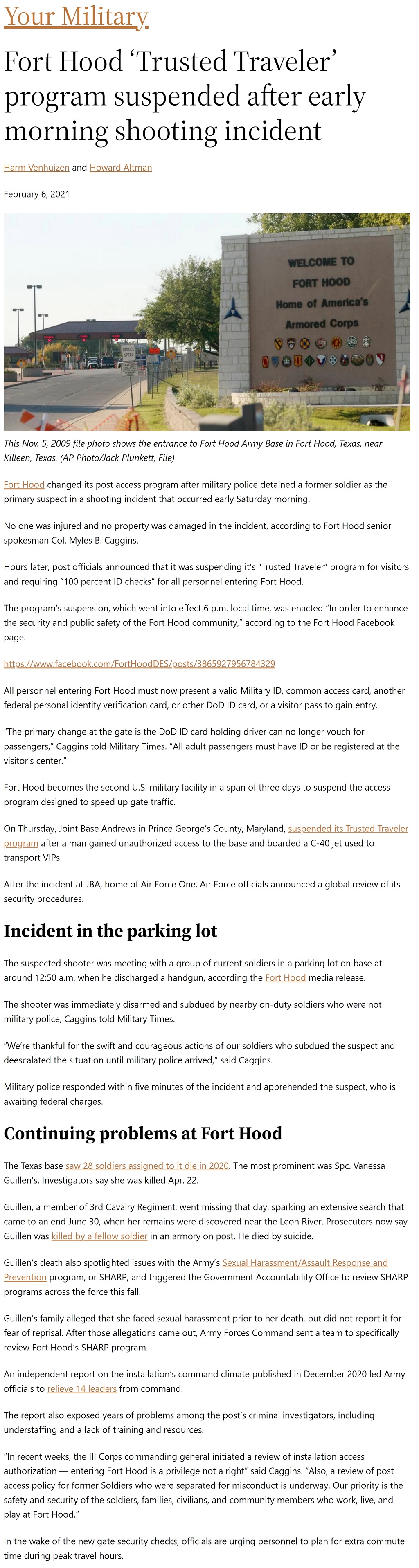 Fort Hood ‘Trusted Traveler’ program suspended after early morning shooting incident by Harm Venhuizen and Howard Altman, Military Times 2/6/2021