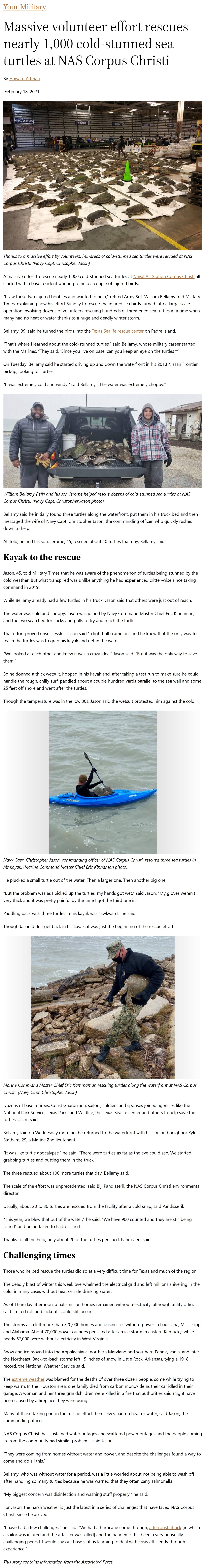 Article Massive volunteer effort rescues nearly 1,000 cold-stunned sea turtles at NAS Corpus Christi Massive volunteer effort rescues nearly 1,000 cold-stunned sea turtles at NAS Corpus Christi by Howard Altman, Military Times 2/18/2021