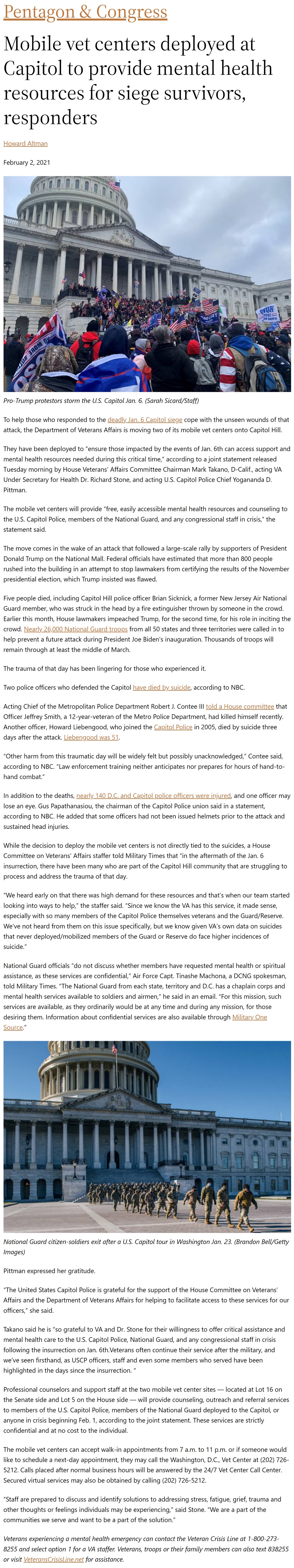 Mobile vet centers deployed at Capitol to provide mental health resources for siege survivors, responders by Howard Altman, Military Times 2/2/2021