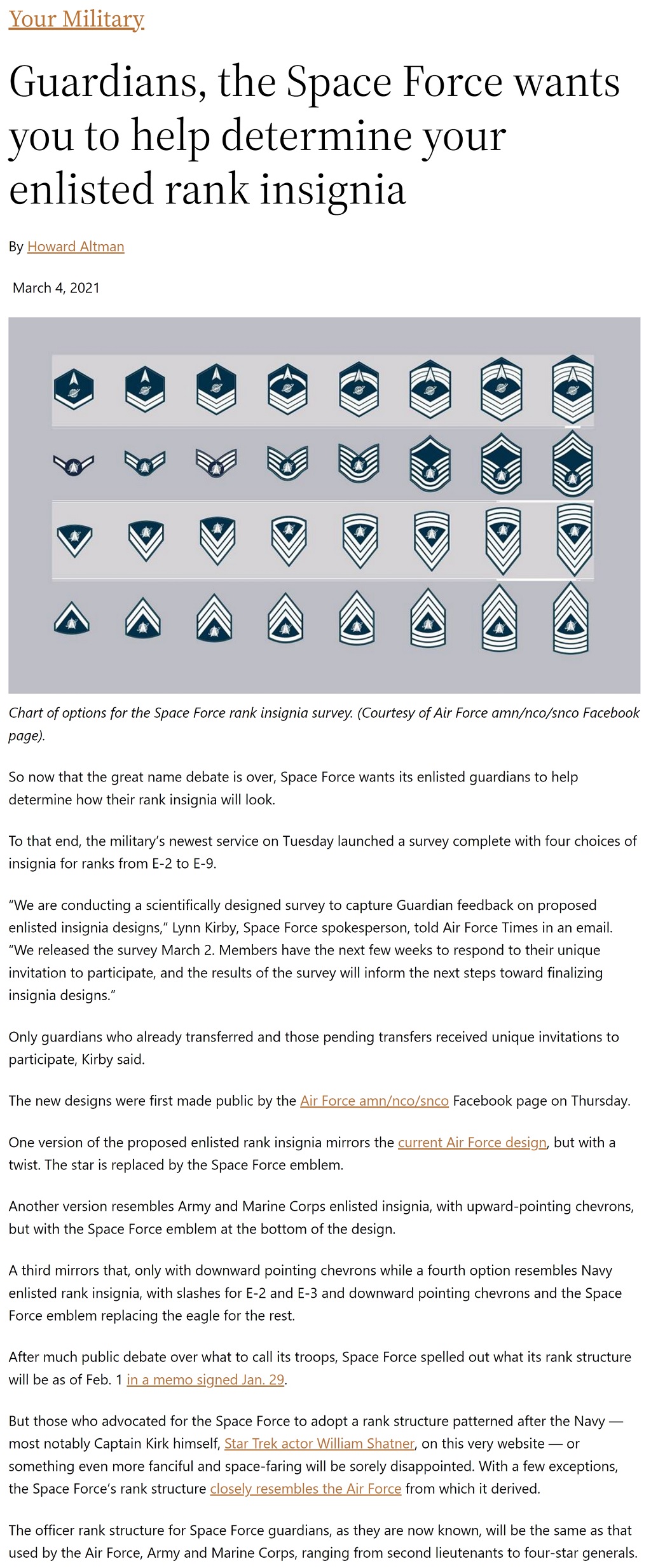 Article Guardians, the Space Force wants you to help determine your enlisted rank insignia by Howard Altman, Military Times 3/4/2021