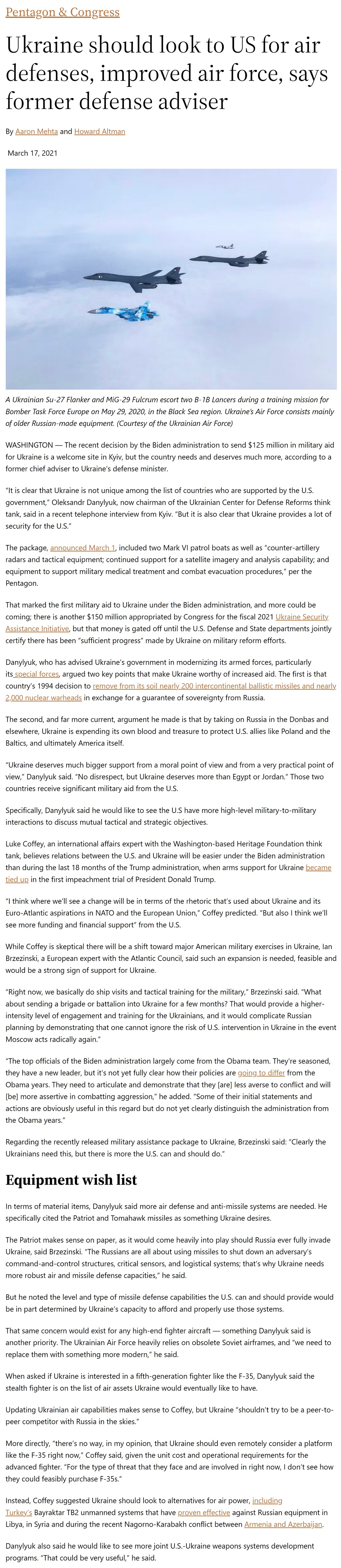 Ukraine should look to US for air defenses, improved air force, says former defense adviser by Aaron Mehta (AP) and Howard Altman, Military Times 3/17/2021