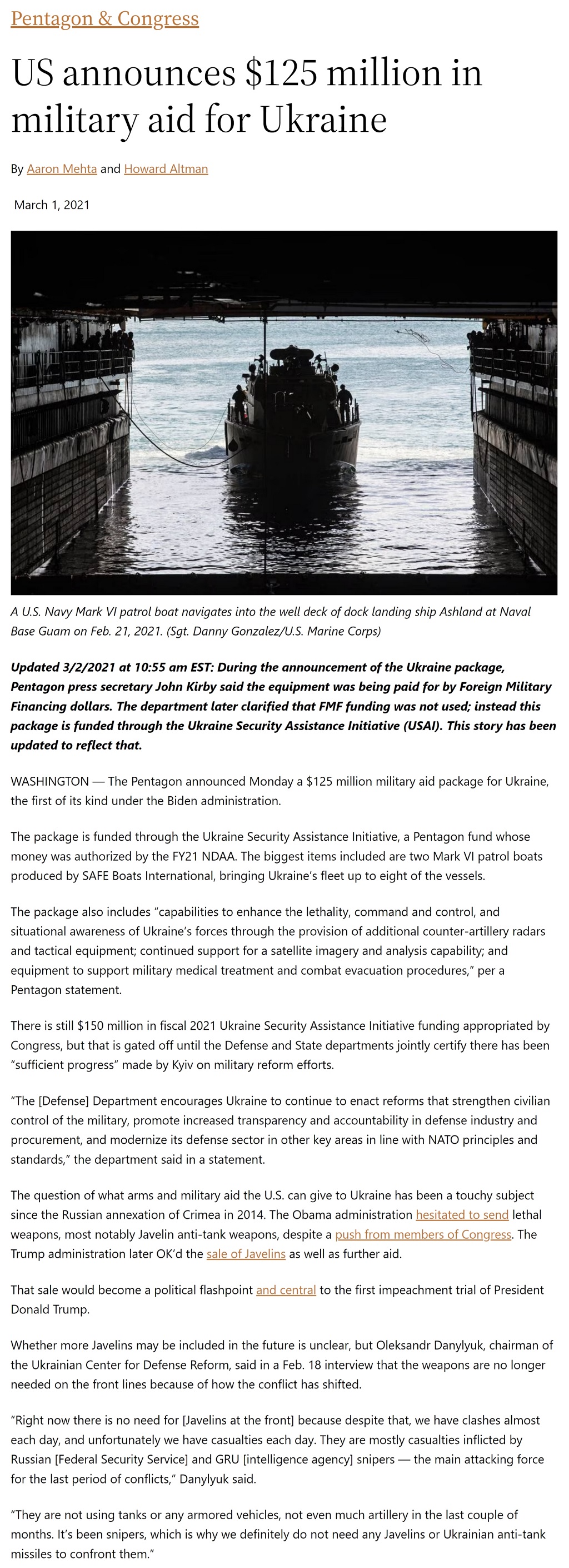 Article US announces $125 million in military aid for Ukraine US announces $125 million in military aid for Ukraine by Aaron Mehta (AP) and Howard Altman, Military Times 3/1/2021