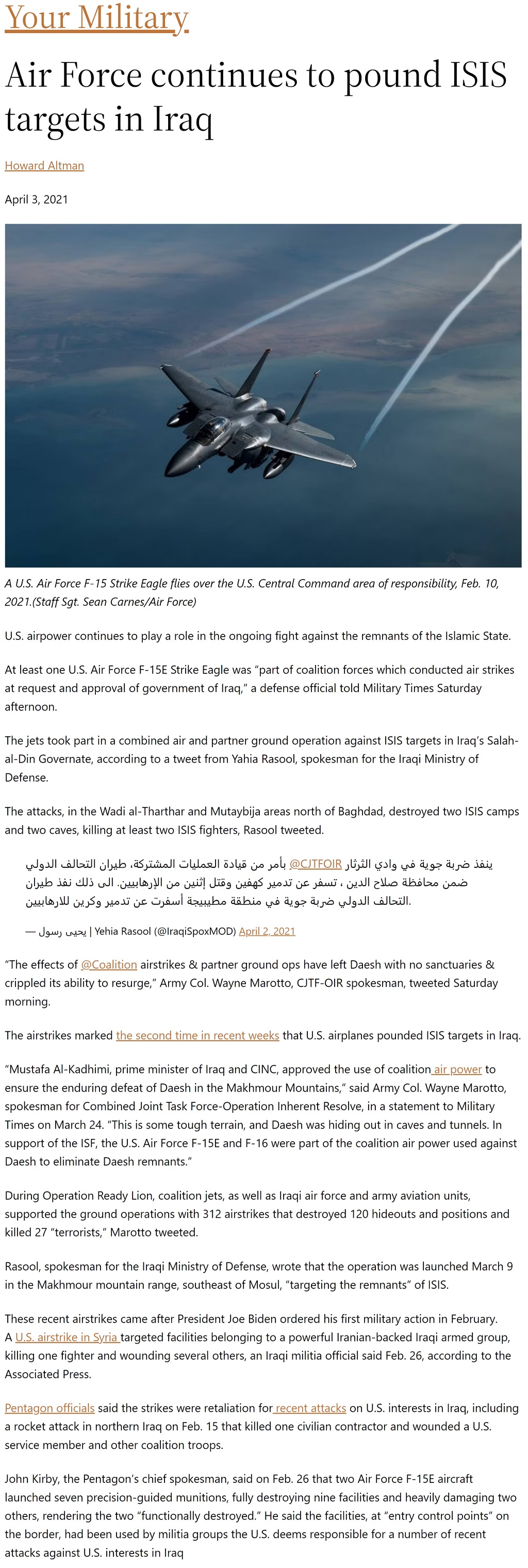 Article Air Force continues to pound ISIS targets in Iraq Air Force continues to pound ISIS targets in Iraq by Howard Altman, Military Times 4/3/2021