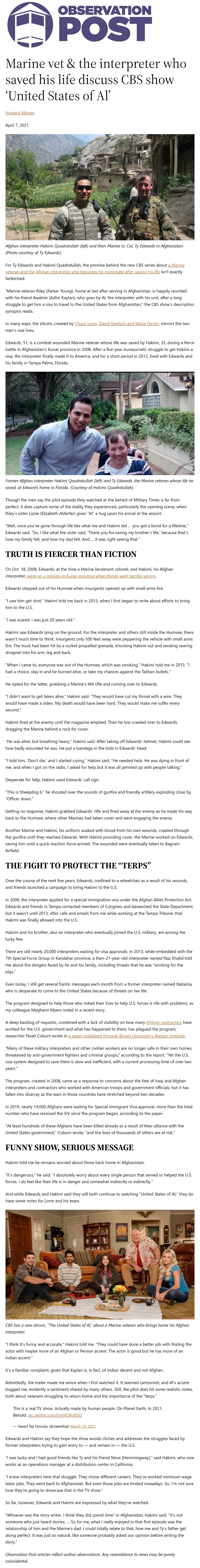 Marine vet & the interpreter who saved his life discuss CBS show ‘United States of Al’ by Howard Altman, Military Times 4/7/2021