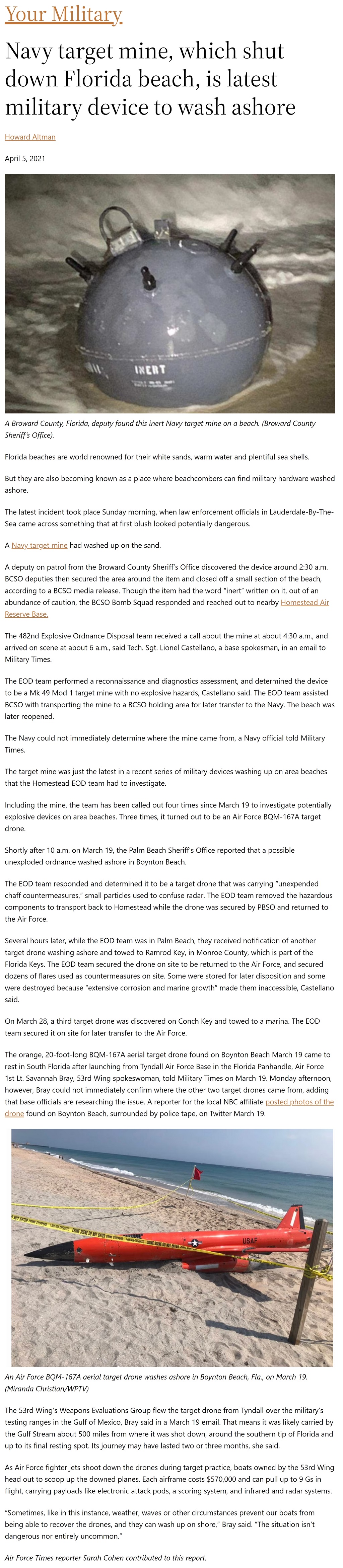 Navy target mine, which shut down Florida beach, is latest military device to wash ashore by Howard Altman, Military Times 4/5/2021