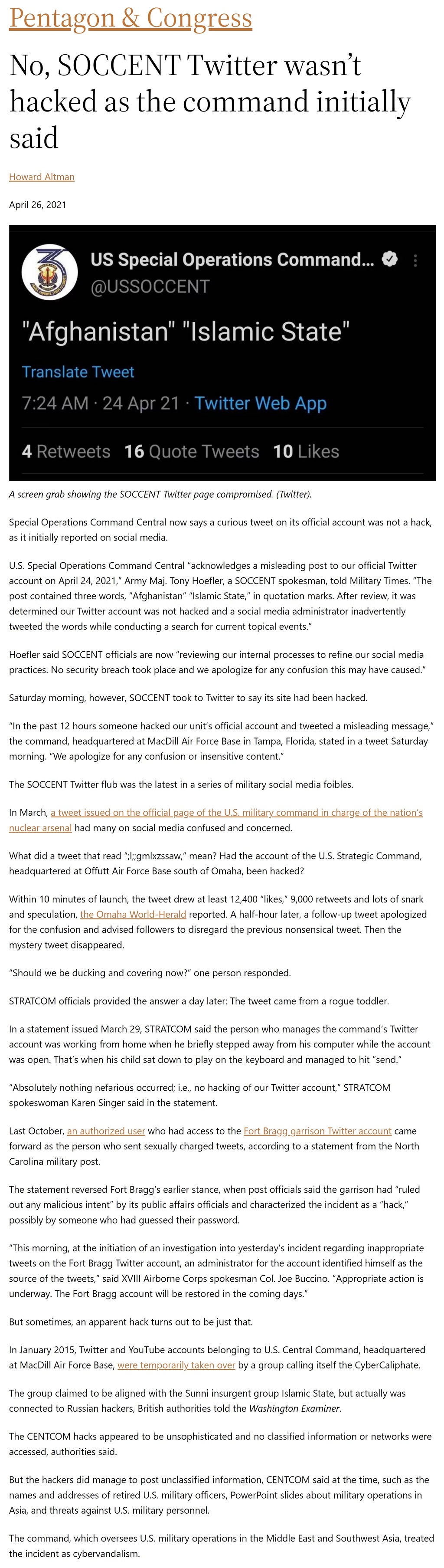 Article No, SOCCENT Twitter wasn’t hacked as the command initially said No, SOCCENT Twitter wasn’t hacked as the command initially said by Howard Altman, Military Times 4/26/2021