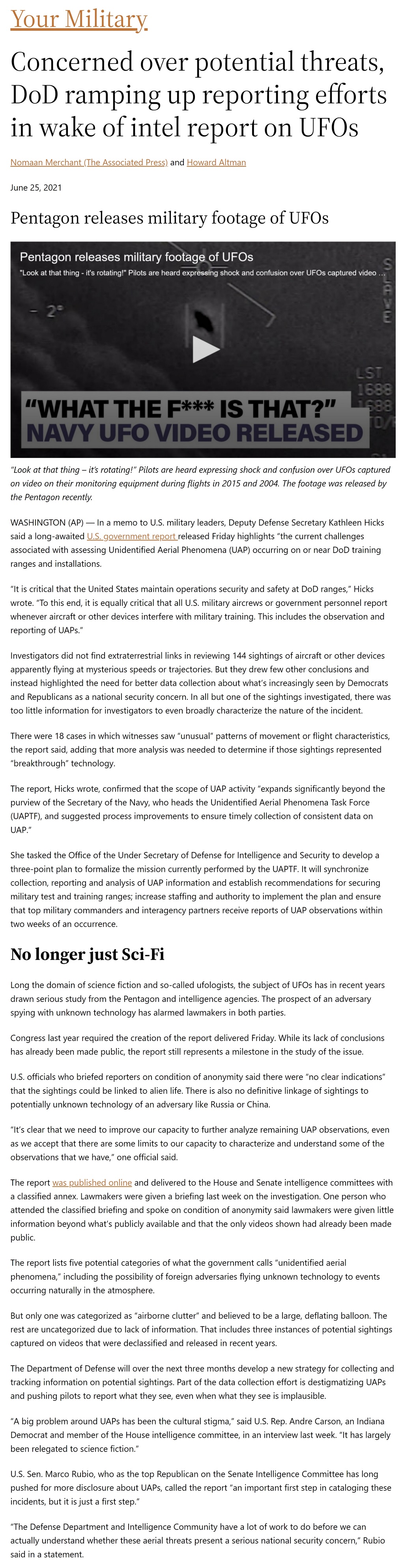 Concerned over potential threats, DoD ramping up reporting efforts in wake of intel report on UFOs by Nomaan Merchant (AP) and Howard Altman, Military Times 6/25/2021