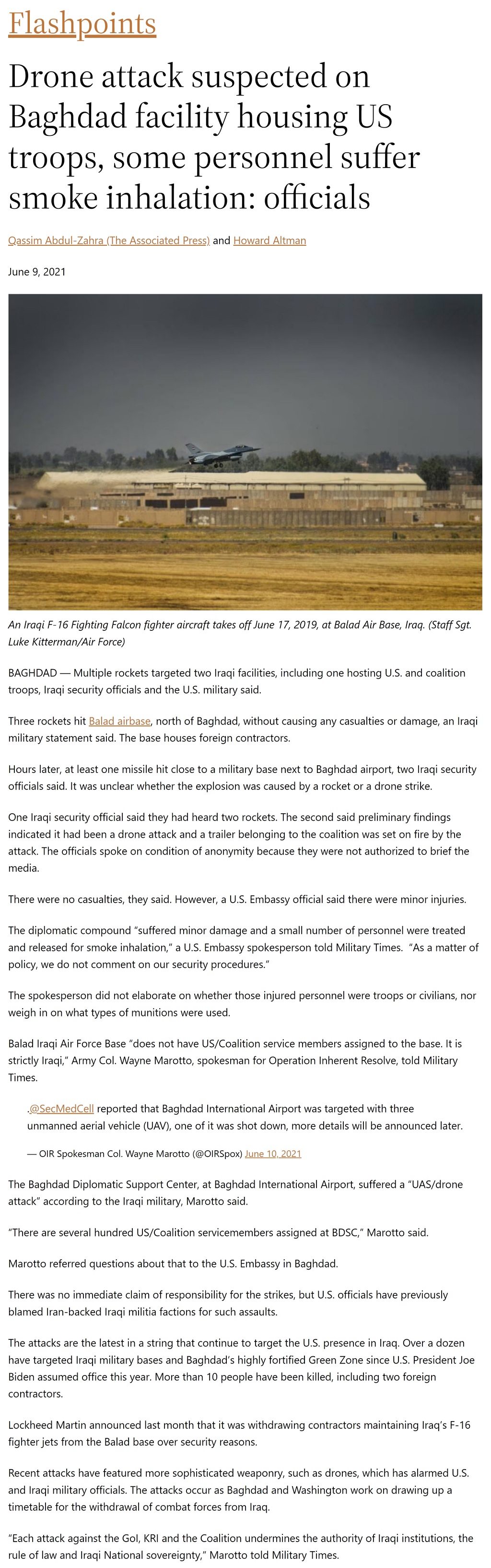 Drone attack suspected on Baghdad facility housing US troops, some personnel suffer smoke inhalation: officials by Qassim Abdul-Zahra (AP) and Howard Altman, Military Times 6/9/2021