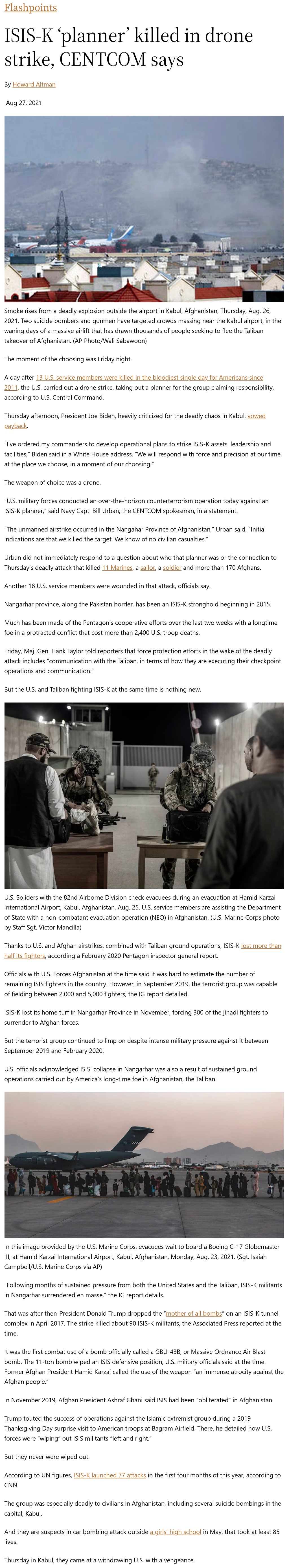 ISIS-K ‘planner’ killed in drone strike, CENTCOM says by Howard Altman Military Times 8/27/2021