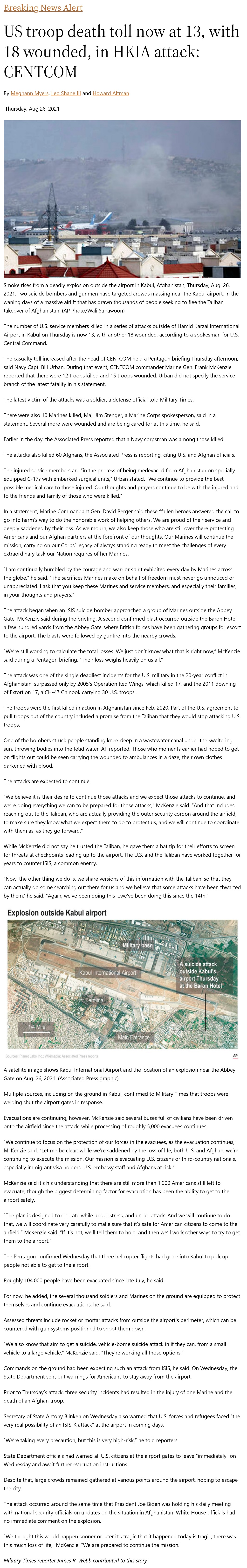 Article US troop death toll now at 13, with 18 wounded, in HKIA attack: CENTCOM US troop death toll now at 13, with 18 wounded, in HKIA attack: CENTCOM by Meghann Myers, Leo Shane III and Howard Altman, Military Times 8/26/2021