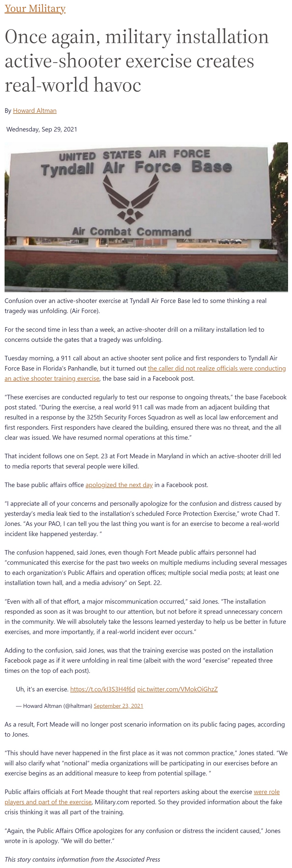 Once again, military installation active-shooter exercise creates real-world havoc by Howard Altman, Military Times 9/29/2021