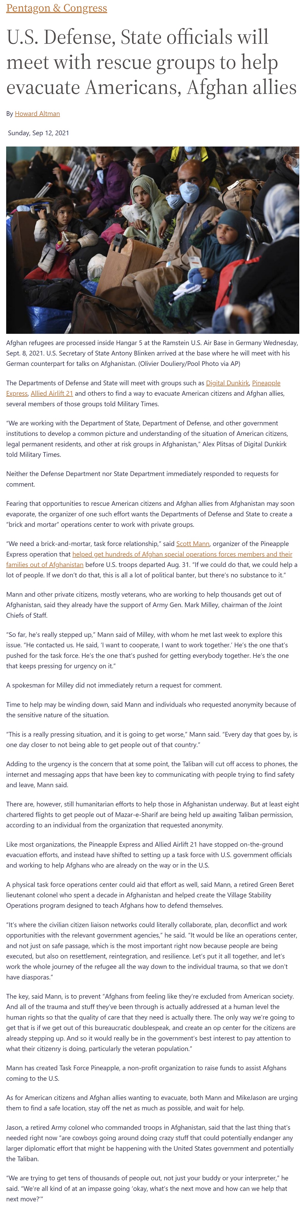 U.S. Defense, State officials will meet with rescue groups to help evacuate Americans, Afghan allies by Howard Altman, Military Times 9/12/2021