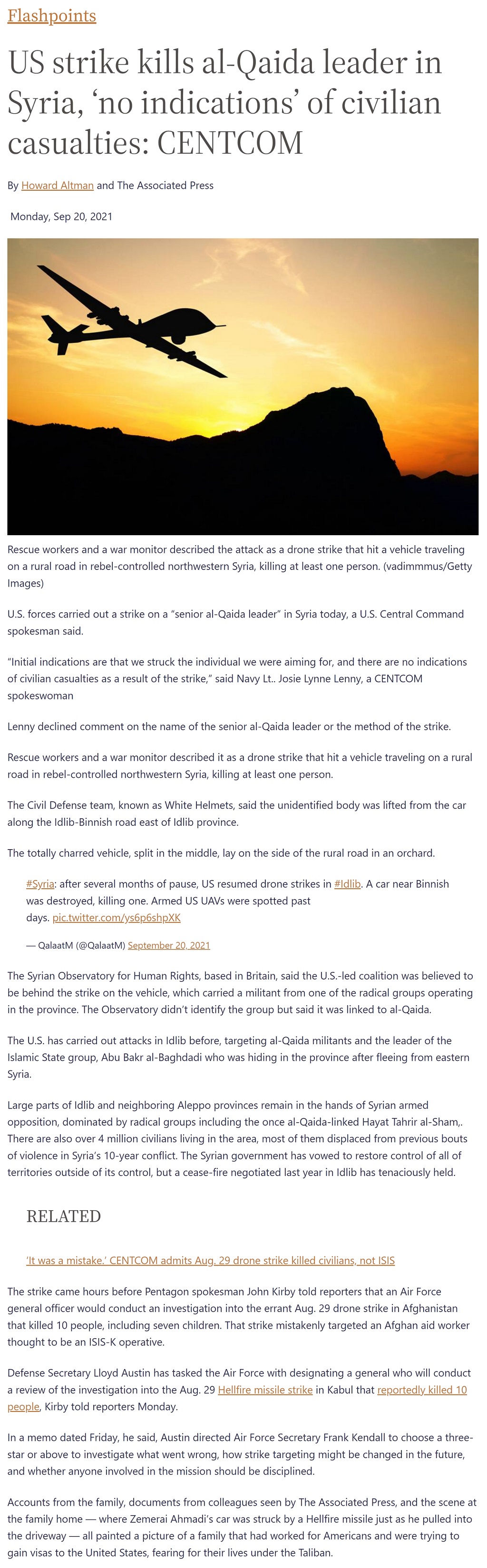 Article US strike kills al-Qaida leader in Syria, ‘no indications’ of civilian casualties: CENTCOM US strike kills al-Qaida leader in Syria, ‘no indications’ of civilian casualties: CENTCOM by Howard Altman, Military Times 9/20/2021