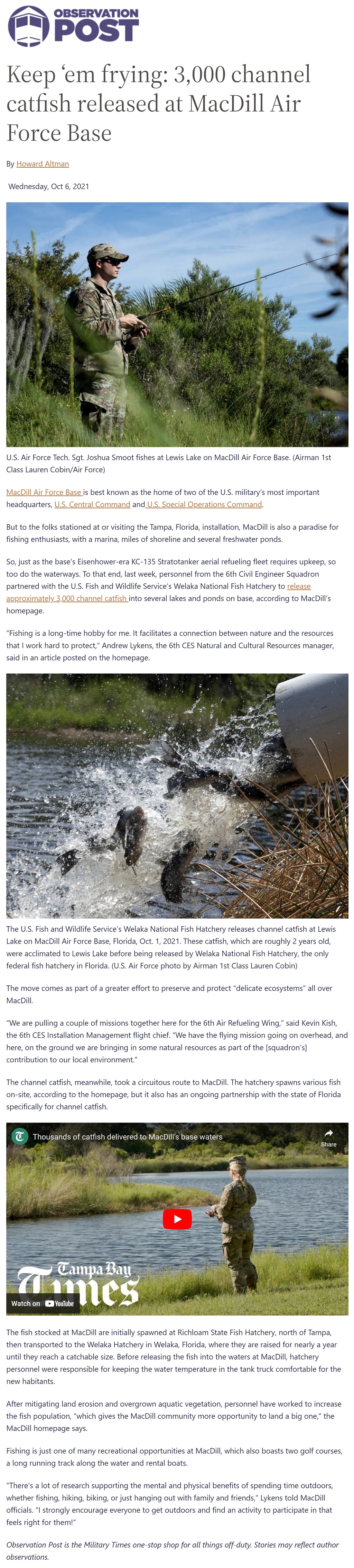 Keep ‘em frying: 3,000 channel catfish released at MacDill Air Force Base by Howard Altman, Military Times 10/6/2021