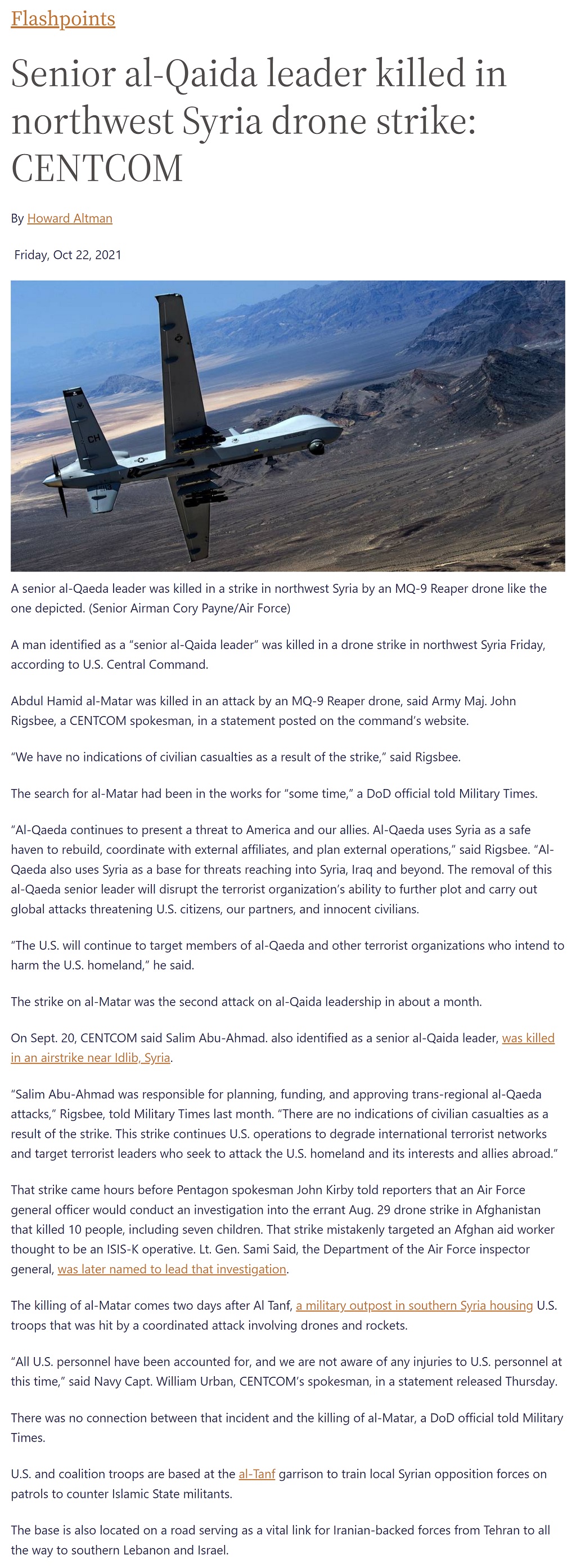 Article Senior al-Qaida leader killed in northwest Syria drone strike: CENTCOM by Howard Altman, Military Times 10/22/2021