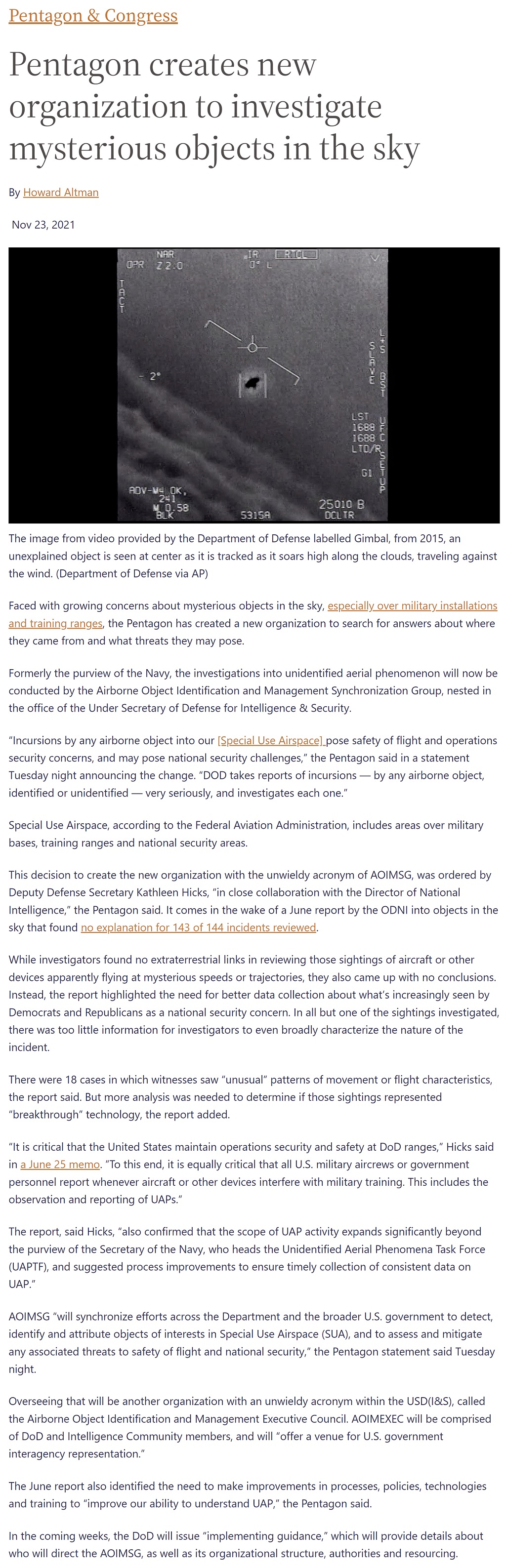Article Pentagon creates new organization to investigate mysterious objects in the sky by Howard Altman, Military Times 11/23/2021