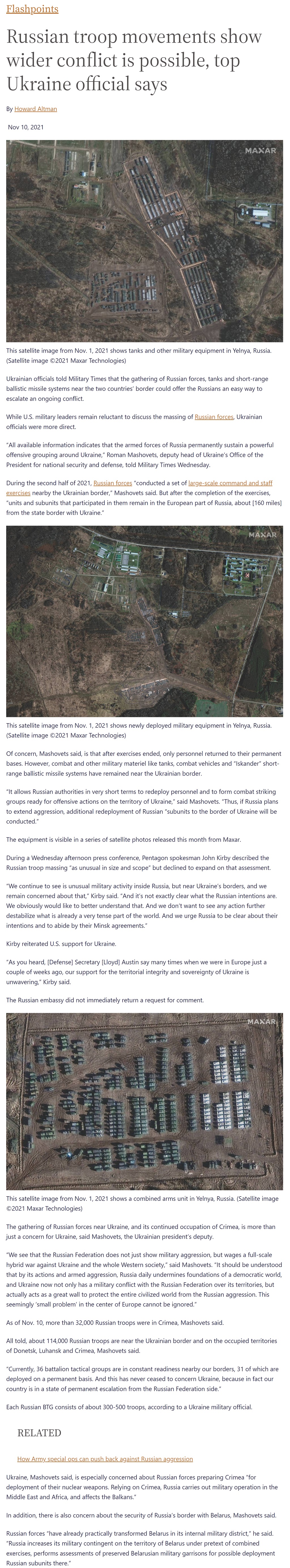 Article Russian troop movements show wider conflict is possible, top Ukraine official says by Howard Altman, Military Times 11/10/2021