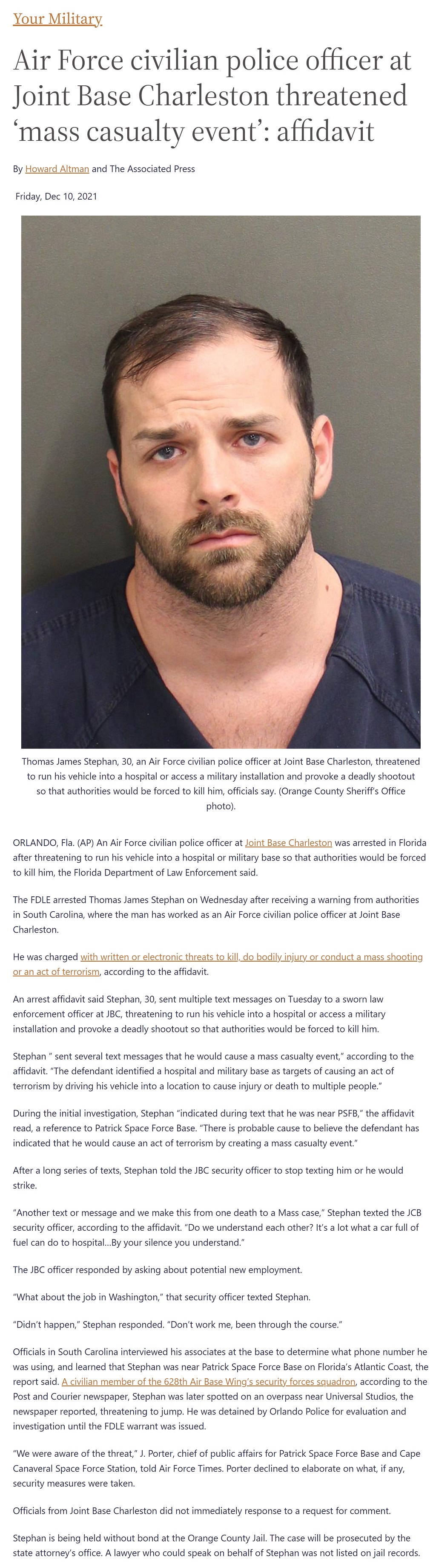 Article Air Force civilian police officer at Joint Base Charleston threatened ‘mass casualty event’: affidavit by Howard Altman, Military Times 12/10/2021