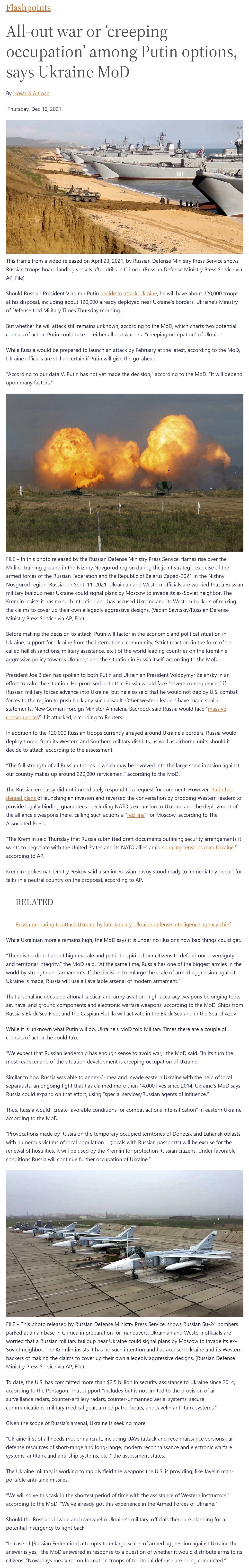 All-out war or ‘creeping occupation’ among Putin options, says Ukraine MoD by Howard Altman, Military Times 12/16/2021