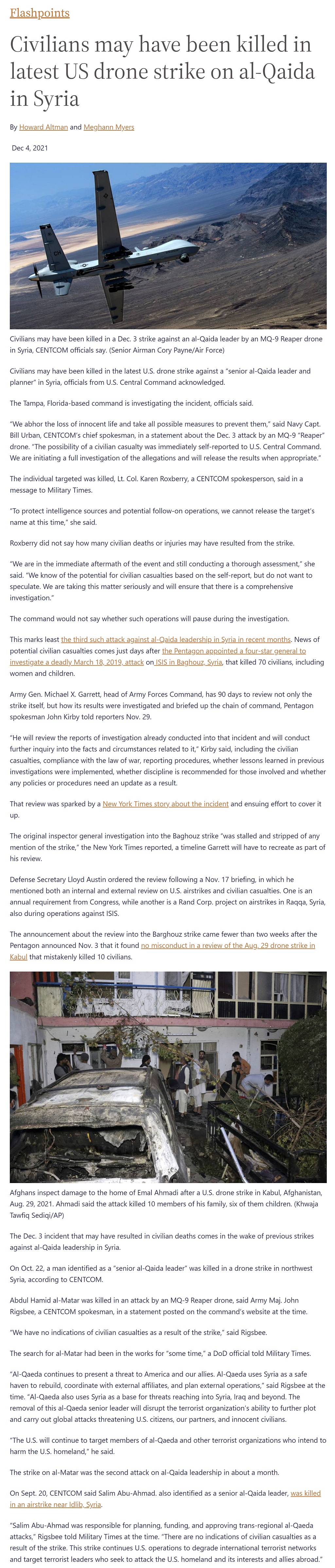 Article Civilians may have been killed in latest US drone strike on al-Qaida in Syria by Howard Altman, Meghann Myers, Military Times 12/4/2021